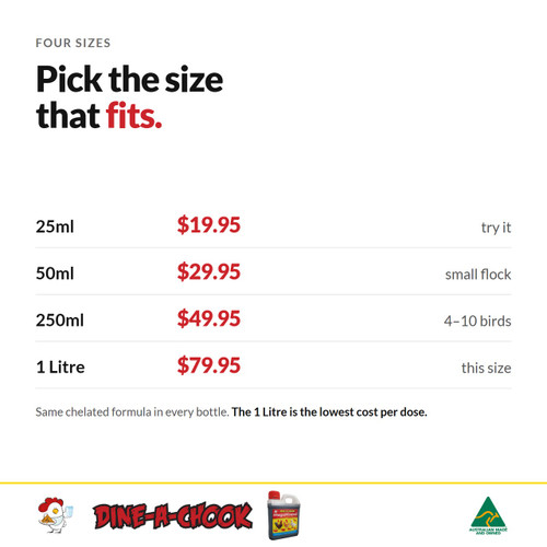 Dine-A-Chook Mega Mineral is available in 25ml, 50ml, 250ml and 1 litre bottles