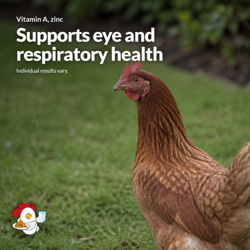 Vitamin A and zinc in Dine-A-Chook Mega Mineral support eye and respiratory health in poultry