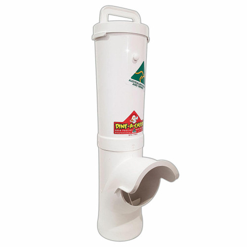 Dine-A-Chook chicken feeder on white background, angled right, showcasing the sleek design and build quality. Dine-A-Chook chicken feeder on white background, angled right, showcasing the sleek design and build quality.