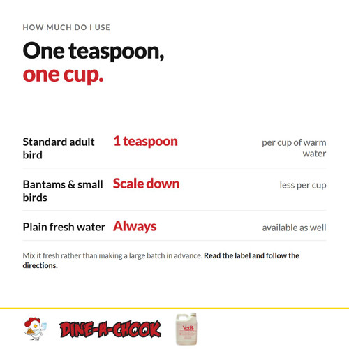 VetRx dosage: one teaspoon per cup of very warm water for a standard adult bird, scaled down for bantams