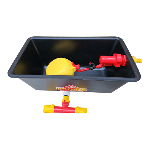 A detailed close-up of the Triple Cup Automatic Chicken Waterer's horizontal float valve assembly. This image provides a clear view of the components that make up the float valve, including the mechanism that ensures a consistent water level is maintained in the cups. The focus on the float valve assembly highlights the product's innovative design aimed at providing uninterrupted water access to poultry, ensuring their hydration needs are met efficiently.