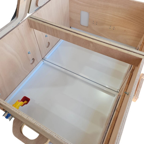Inside view of the Dine-A-Chook Chick Brooder Box - removable divider and aluminium trays for easy cleaning.

