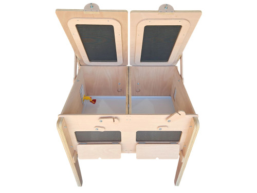Open lid of Dine-A-Chook Chick Brooder Box - dual flyscreen windows and spacious chick enclosure.