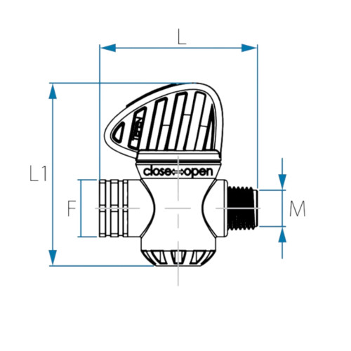 Technical drawing of Tefen dual tech valve with BSPT specifications