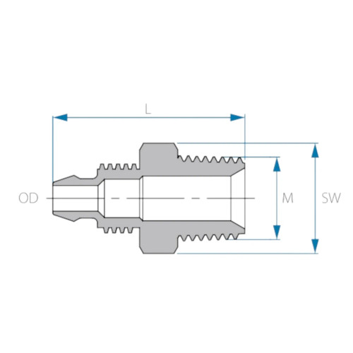 Technical drawing showing dimensions of ¼" BSPT connector