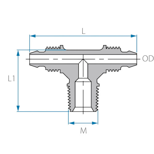 Technical diagram showing dimensions of Tefen branch T fitting