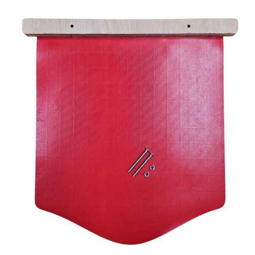 Dine-A-Chook nesting box privacy curtain — red woven vinyl with timber header bar