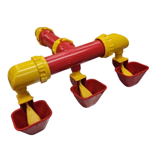 Dine-A-Chook Triple Outlet Lubing Cup Drinker with 100mm extension: three red Lubing cups on an Australian made drum outlet