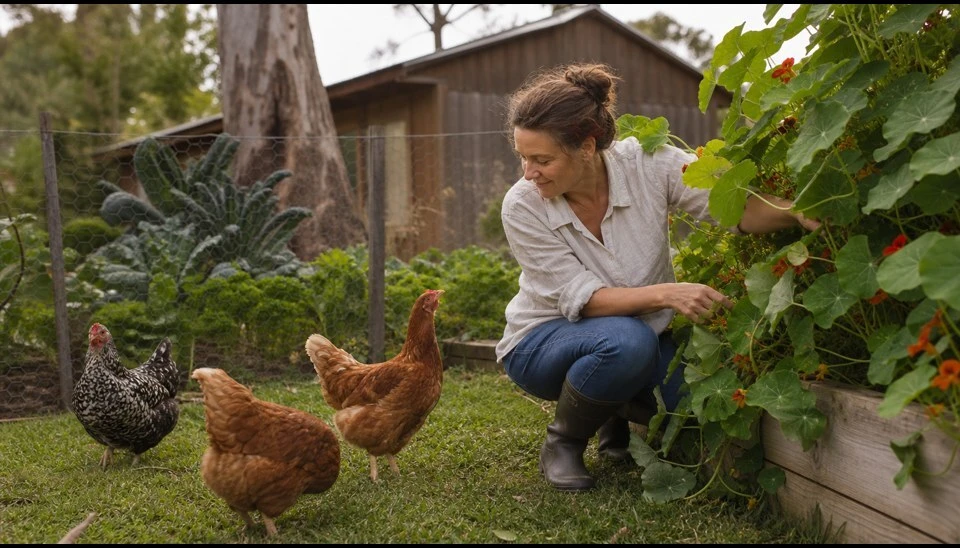 A woman tending a garden bed with her chickens free-ranging nearby