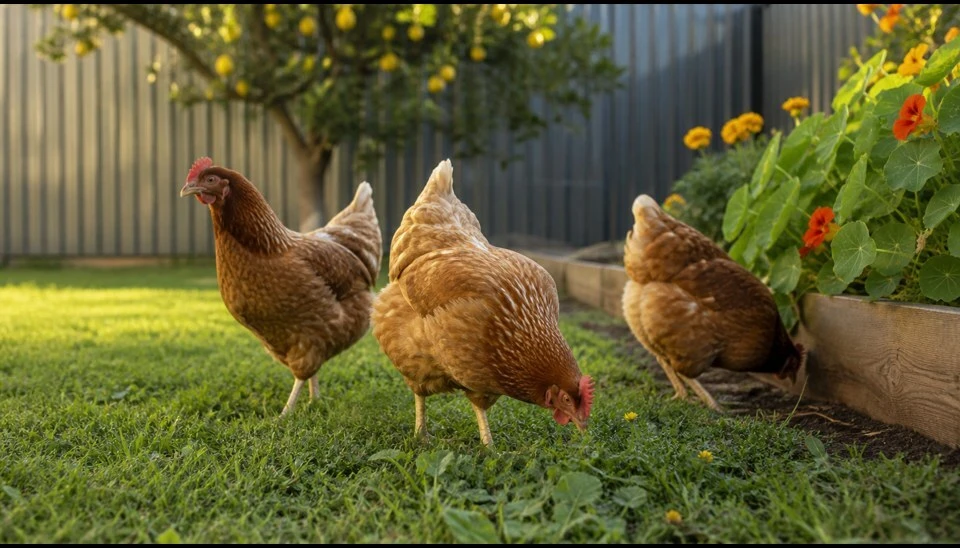 Backyard chickens free-ranging on a lawn planted with nasturtiums