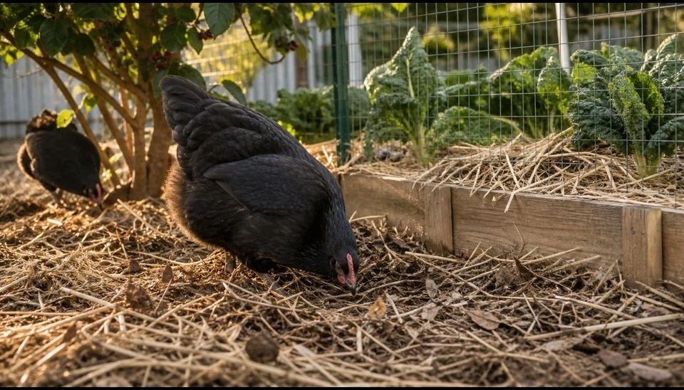 A vegetable garden fenced off from free-ranging chickens, with a straw mulch pile nearby