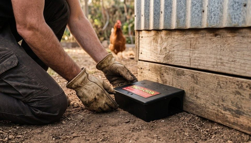 Placing a small rodent bait station against the chicken coop wall, gloves on