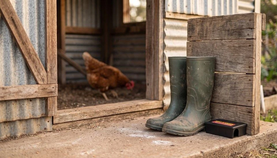 A small bait station tucked against the coop wall beside a pair of gumboots