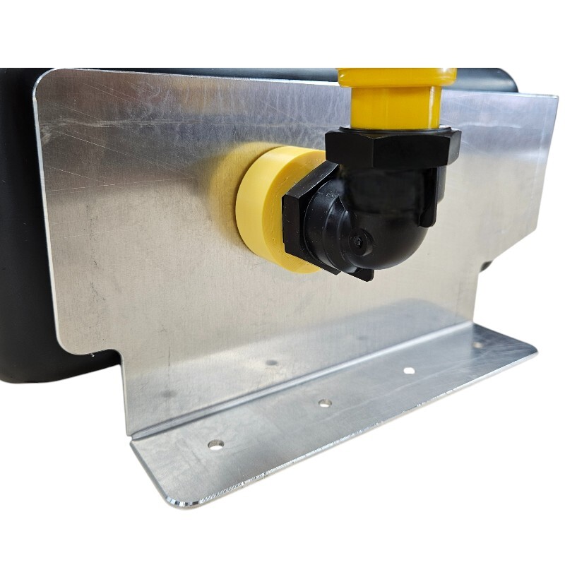 Close-up of Lubing header tank bracket showing aluminium mounting plate, yellow locking collar, female elbow with reducing nipple, and outlet frame thread connection