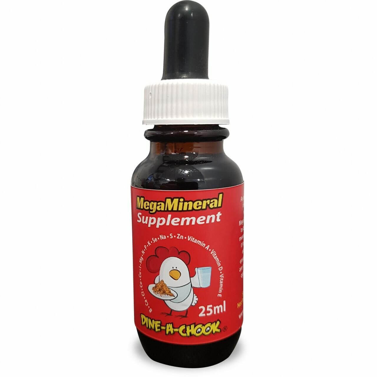 Dine-A-Chook Mega Mineral and Vitamin Supplement for Chickens 25ml Bottle - Contains Essential Calcium, Potassium, Zinc - Easy to Administer, Water-Soluble Formula for Optimal Poultry Health