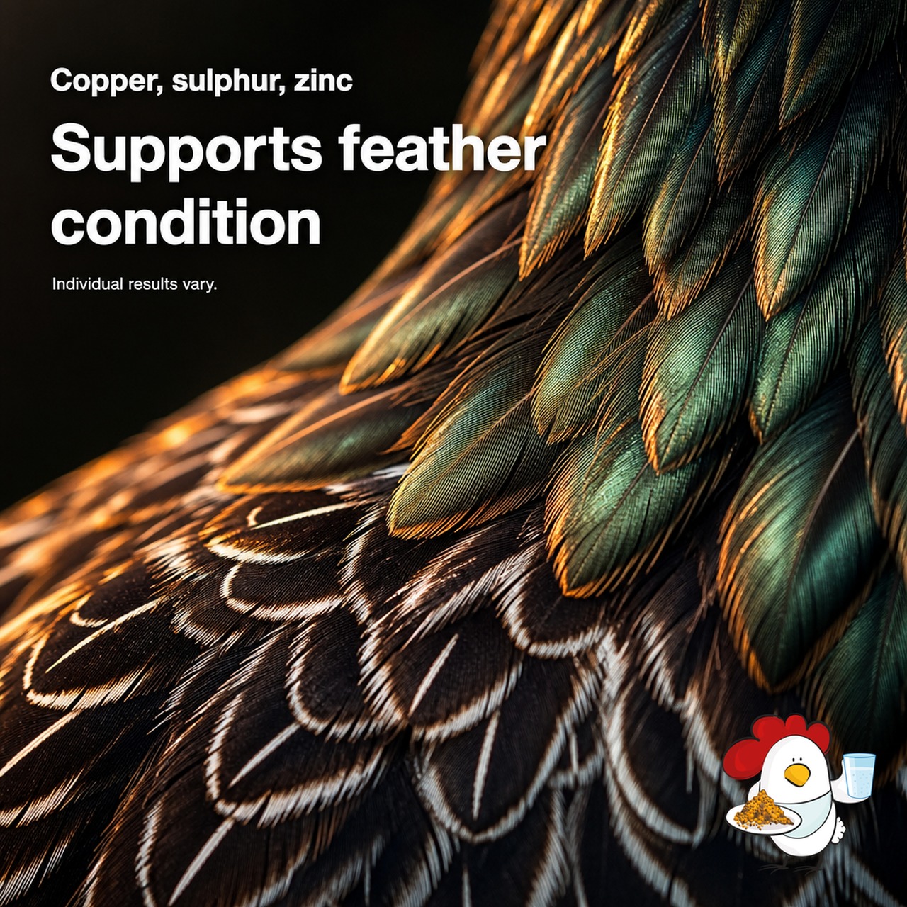 Trace minerals in Dine-A-Chook Mega Mineral support feather condition - copper, sulphur and zinc