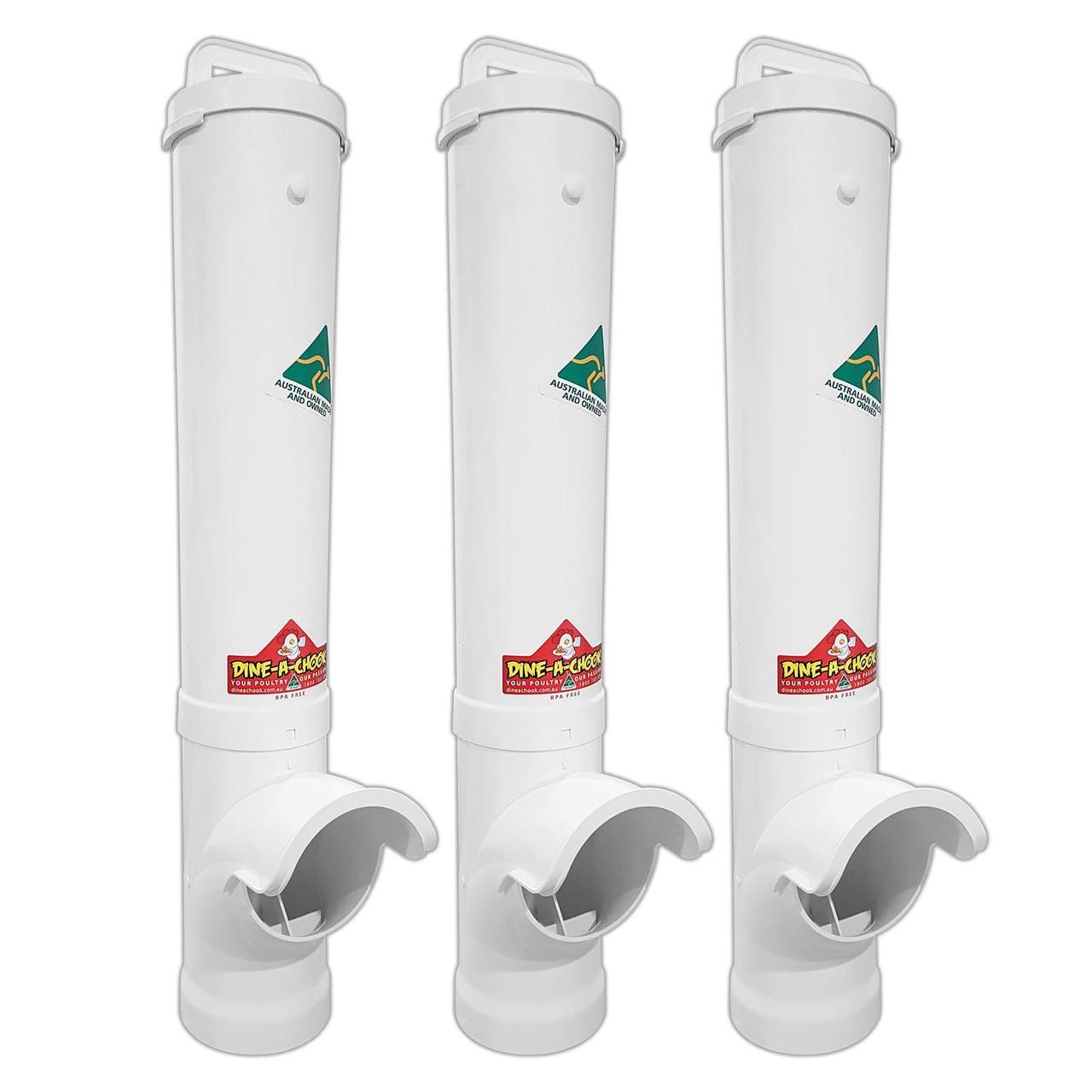 Dine-A-Chook Large Chicken Feeder Triple Pack — three white feeders, front view