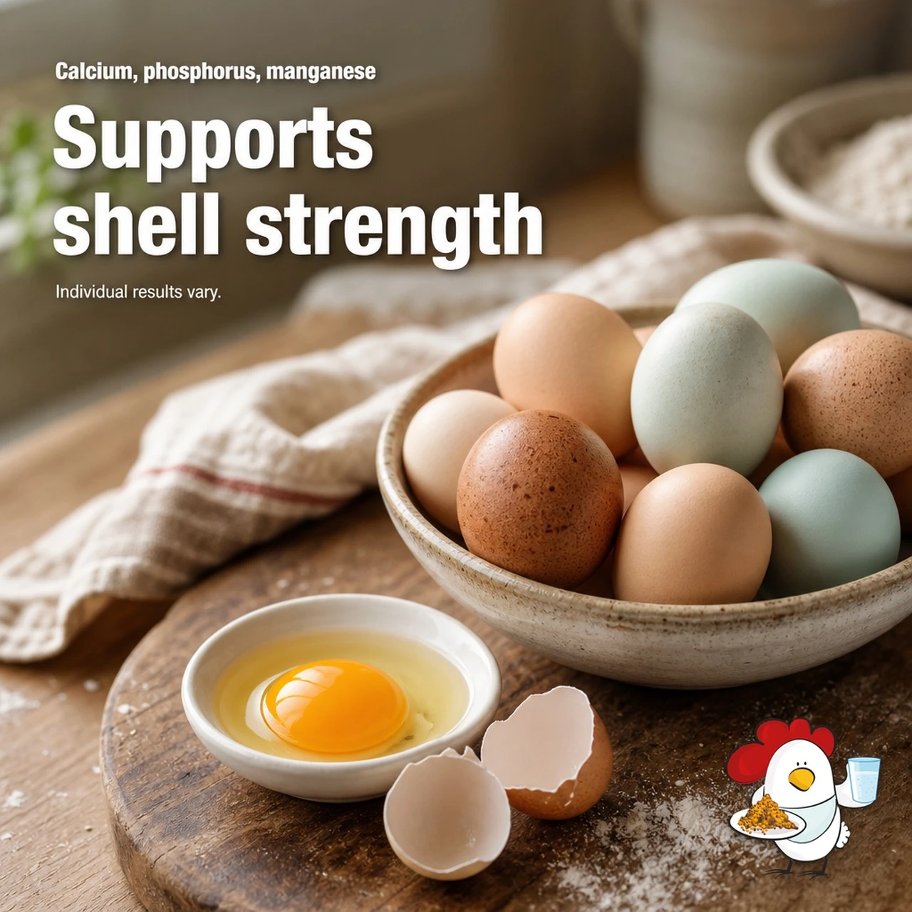 Trace minerals in Dine-A-Chook Mega Mineral support egg shell strength - calcium, phosphorus and manganese