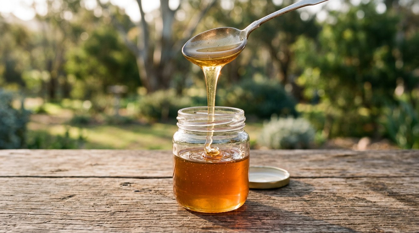 A spoonful of honey being stirred into a jar - the trick Dine-A-Chook uses to sweeten Kilverm medicated water so chickens drink the full dose