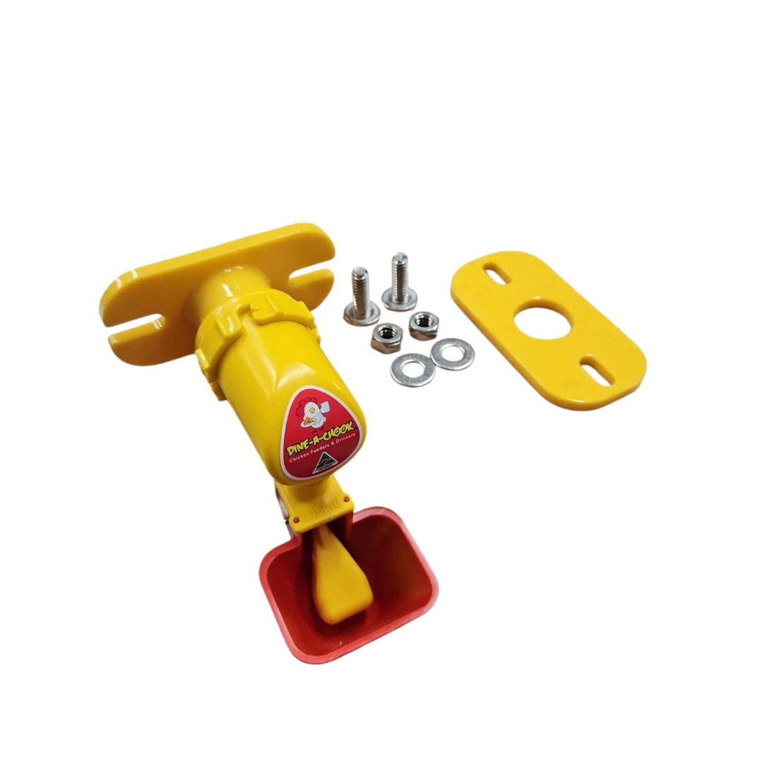 DIY poultry drinker cup mount with backing plate and mounting hardware for mesh or solid surfaces.
