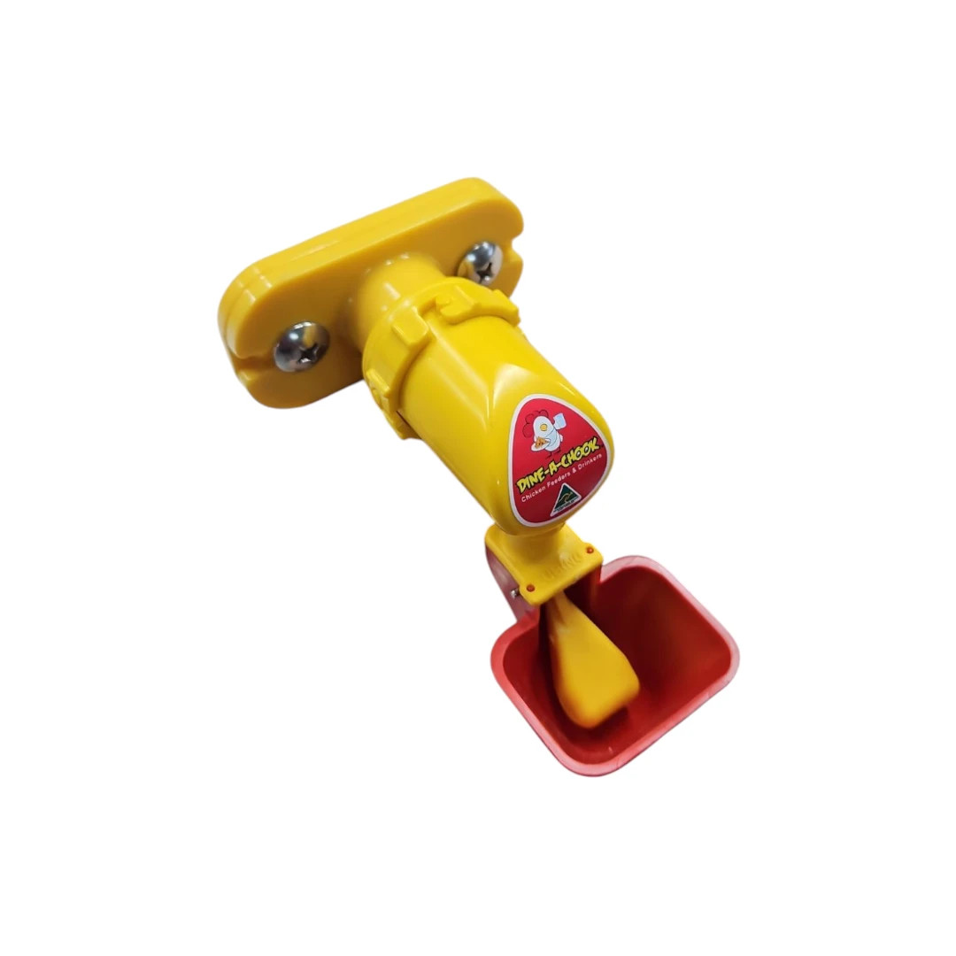 DIY chicken drinker cup mount with Lubing cup fitted, showing modular mounting design.