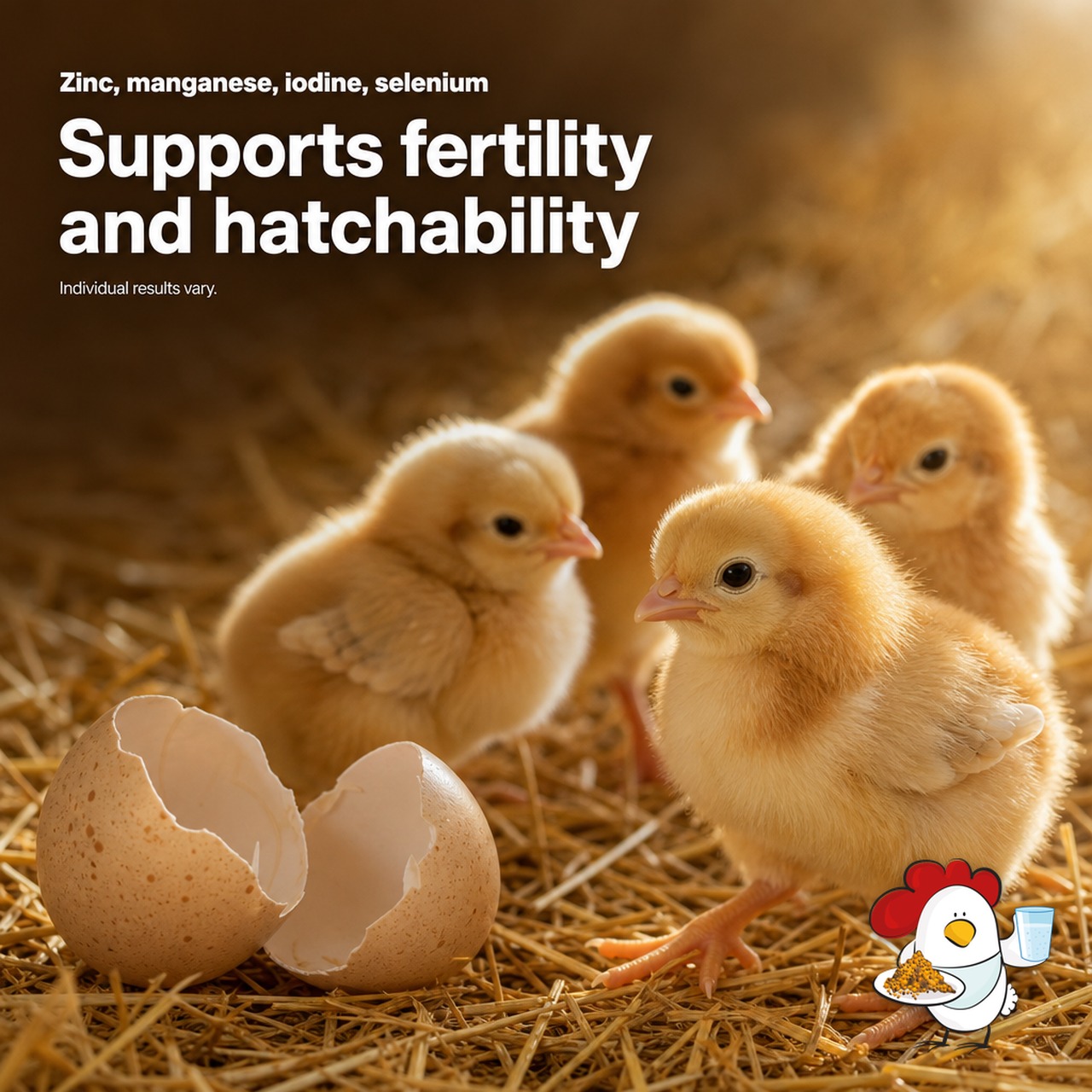 Trace minerals in Dine-A-Chook Mega Mineral support fertility and hatchability - zinc, manganese, iodine and selenium