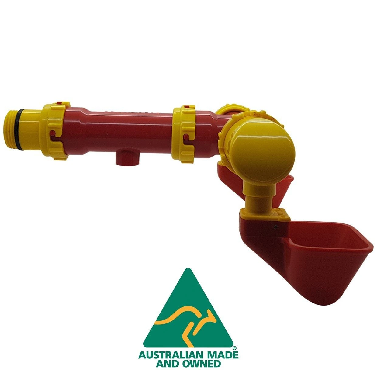 Side view of the Dine-A-Chook drinker outlet extension showing the 3/4 inch BSP thread, the 100mm extension and a Lubing cup