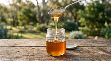 A spoonful of honey being stirred into a jar - the trick Dine-A-Chook uses to sweeten Kilverm medicated water so chickens drink the full dose