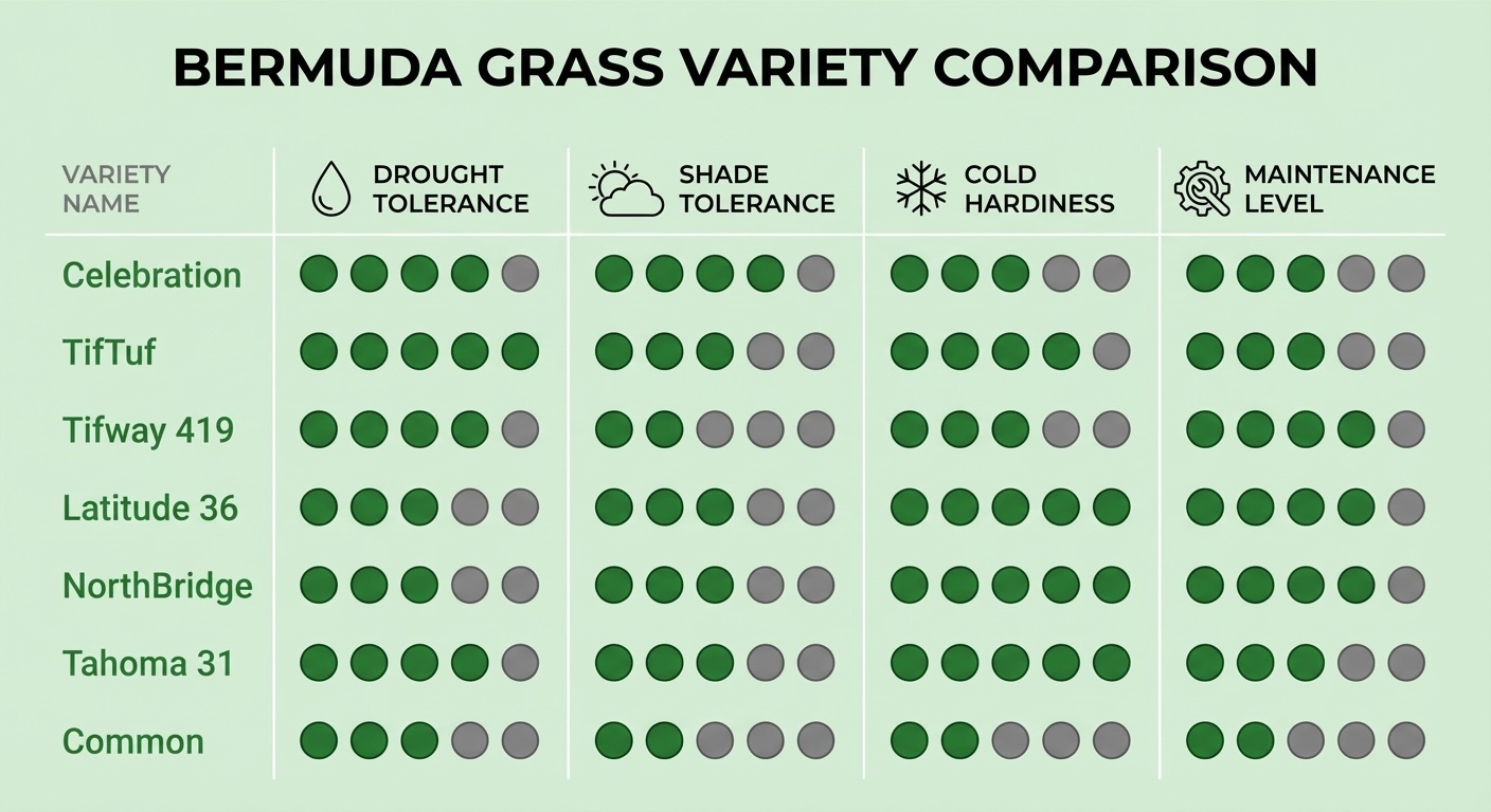Side-by-side comparison of 7 bermuda grass varieties rated across drought tolerance, shade tolerance, cold hardiness, and maintenance requirements