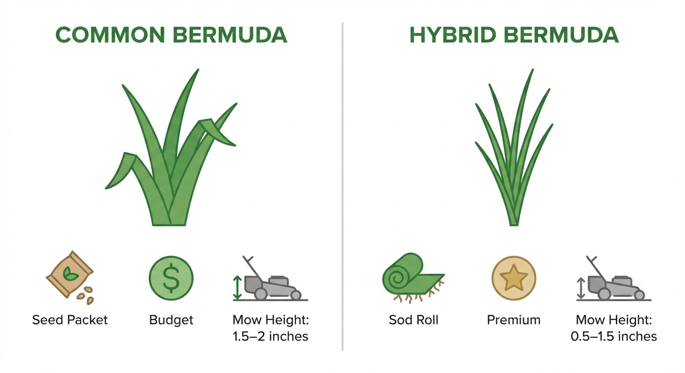 Common bermuda is seeded and low-maintenance; hybrid bermuda is sod-installed and produces a finer, denser turf