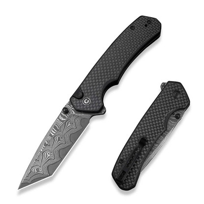 CIVIVI Button Lock Brazen Damascus Blade Twill Carbon Fiber Overlay On Black G10 (C19059C-DS1)