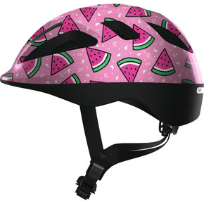 Side view of the pink with watermelon design Abus Smooty kids helmet with vents