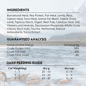 Trilogy Barramundi, Tuna & Lamb Dry Kitten Food Bag Feeding Guide and Ingredient List