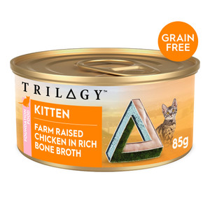 TRILOGY FARM RAISED CHICKEN IN BONE BROTH KITTEN FOOD 85G TIN FRONT