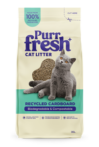 Front view of a PurrFresh recycled cardboard cat litter bag