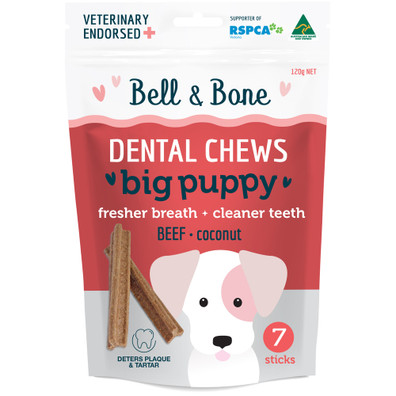 Bell & Bone Dental Chews Big Puppy Dog Treats Beef & Coconut