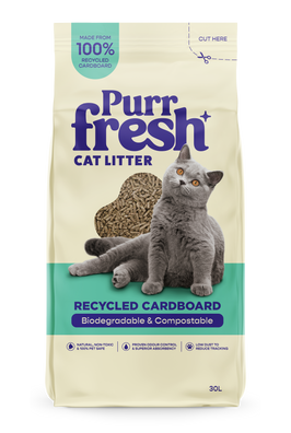 Front view of a PurrFresh recycled cardboard cat litter bag