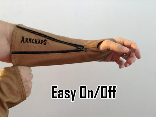Leather arm protection to prevent cuts, scratches, and bruising. Leather arm protection to prevent cuts, scratches, and bruising.