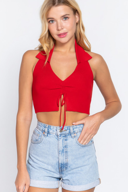 Halter Ruched Crop Sweater Knit Top   -41543