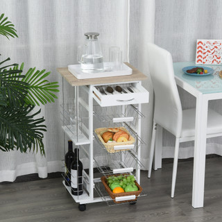 White Multi-Use Kitchen Island Trolley with 4 Baskets 2 Side Racks, Drawer and Wheels