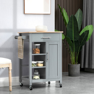 Grey Kitchen Trolley Utility Cart on Wheels with Open Shelf and Storage Drawer