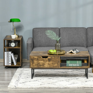 Brown Coffee Table Industrial Style Wood Finish Metal Frame  with Drawer and Shelf