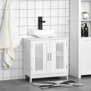 White Modern Under Sink Cabinet with Slatted Doors Bathroom Vanity Unit