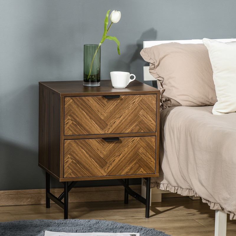 Side Cabinetwith 2 Storage Drawer Unit Herringbone Pattern, Walnut Brown