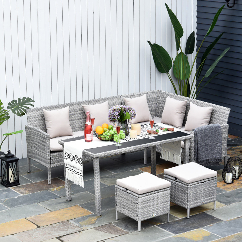 Five Piece Rattan Wicker Furniture Patio Dining Table Sofa Set with Stools or Footrests