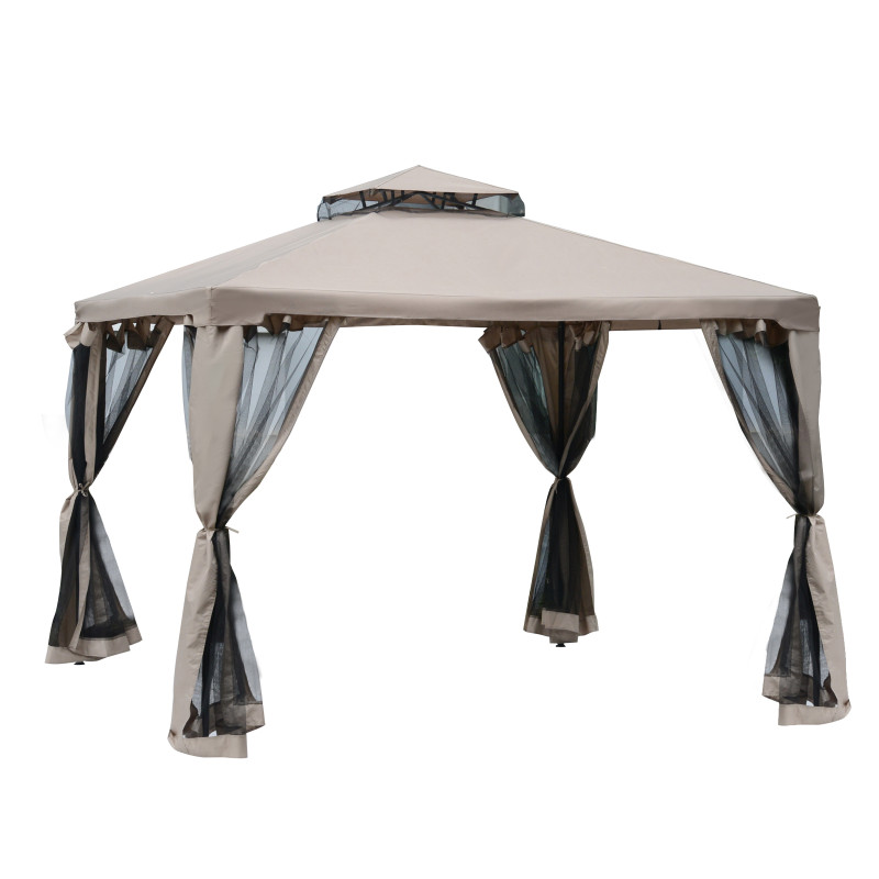 Taupe Beige Gazebo for Outdoors with Metal Frame Two Tier Roof  and Netting, 295cm x 295cm x 263cm High