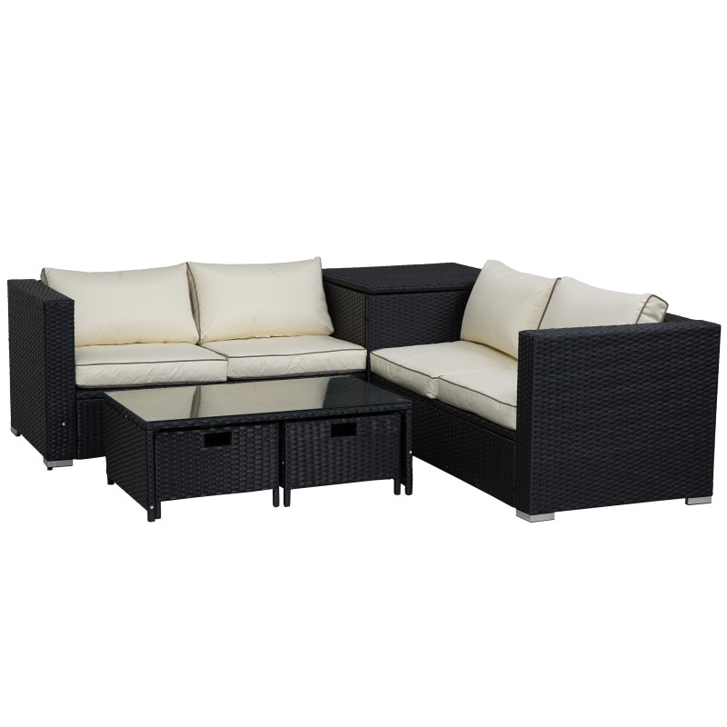 Black Four Seat Rattan Wicker Garden or Patio Sofa and Table Set with Storage, Cream Cushions