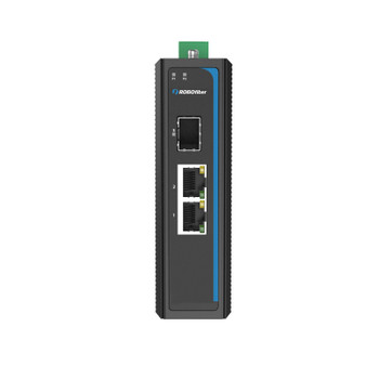HC-1002-BT - 2x RJ45 +1x SFP ports Gigabit Ethernet Industrial fiber switch with 180W of PoE 802.3bt, DIN rail mount - front panel view