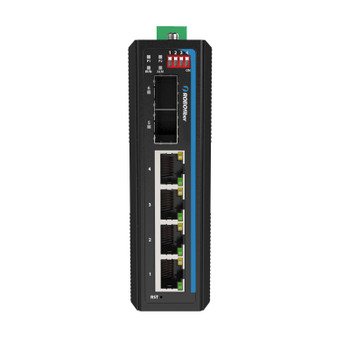 HGW-402LM - 4x RJ45 + 2x SFP ports Gigabit Ethernet Managed Industrial fiber switch front view DIP switches