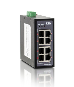 IGS-800C-8PH - 8 port 10/100/1000Base-TX Gigabit Ethernet PoE+ compact Industrial switch, -40 to 75 Celsius, DIN rail mount - perspective view